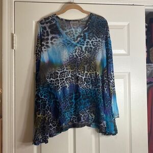 Blue animal print mesh top